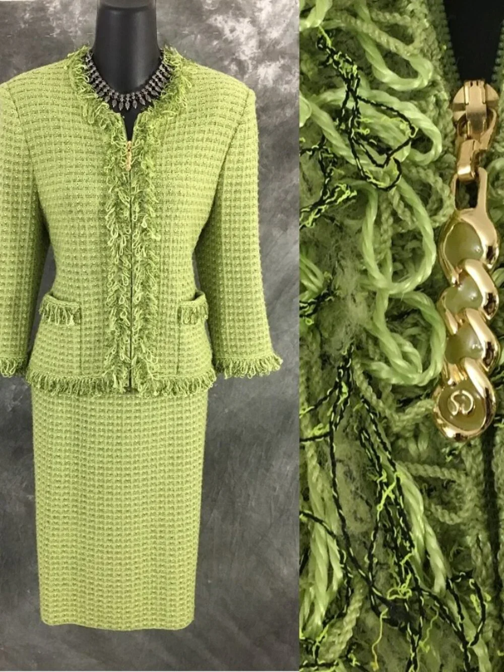 BEAUTIFUL St John collection knit green fringe multi jacket skirt suit size 6